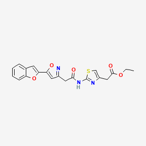 molecular formula C20H17N3O5S B2613195 Ethyl 2-(2-(2-(5-(benzofuran-2-yl)isoxazol-3-yl)acetamido)thiazol-4-yl)acetate CAS No. 1105205-59-1