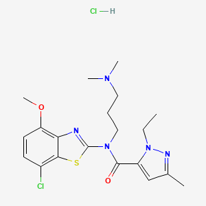 molecular formula C20H27Cl2N5O2S B2613197 N-(7-chloro-4-methoxybenzo[d]thiazol-2-yl)-N-(3-(dimethylamino)propyl)-1-ethyl-3-methyl-1H-pyrazole-5-carboxamide hydrochloride CAS No. 1331240-64-2