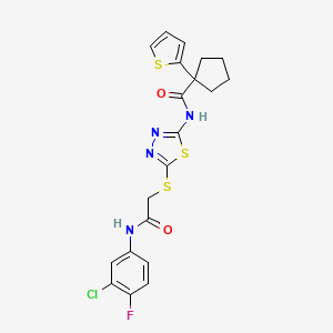 molecular formula C20H18ClFN4O2S3 B2613205 N-(5-((2-((3-chloro-4-fluorophenyl)amino)-2-oxoethyl)thio)-1,3,4-thiadiazol-2-yl)-1-(thiophen-2-yl)cyclopentanecarboxamide CAS No. 1351605-28-1