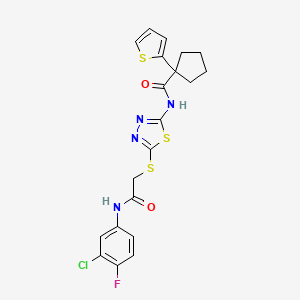 molecular formula C20H18ClFN4O2S3 B2613205 N-(5-((2-((3-氯-4-氟苯基)氨基)-2-氧代乙基)硫代)-1,3,4-噻二唑-2-基)-1-(噻吩-2-基)环戊烷甲酰胺 CAS No. 1351605-28-1