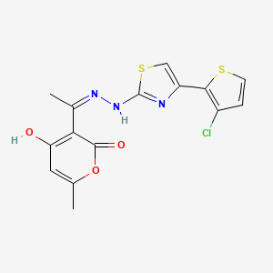 molecular formula C15H12ClN3O3S2 B2613220 3-[(1Z)-1-{2-[4-(3-chlorothiophen-2-yl)-1,3-thiazol-2-yl]hydrazin-1-ylidene}ethyl]-4-hydroxy-6-methyl-2H-pyran-2-one CAS No. 477845-26-4