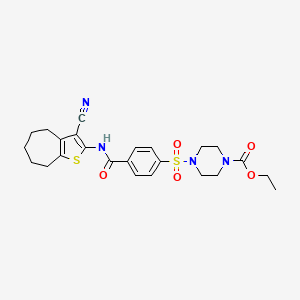 molecular formula C24H28N4O5S2 B2613263 ethyl 4-((4-((3-cyano-5,6,7,8-tetrahydro-4H-cyclohepta[b]thiophen-2-yl)carbamoyl)phenyl)sulfonyl)piperazine-1-carboxylate CAS No. 398999-00-3