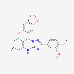 molecular formula C26H26N4O5 B2613268 9-(benzo[d][1,3]dioxol-5-yl)-2-(3,4-dimethoxyphenyl)-6,6-dimethyl-5,6,7,9-tetrahydro-[1,2,4]triazolo[5,1-b]quinazolin-8(4H)-one CAS No. 540480-74-8