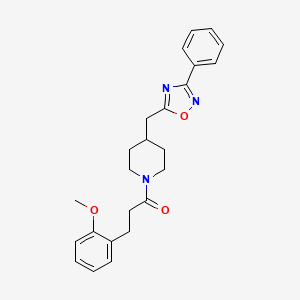 molecular formula C24H27N3O3 B2613277 1-[3-(2-Methoxyphenyl)propanoyl]-4-[(3-phenyl-1,2,4-oxadiazol-5-yl)methyl]piperidine CAS No. 1775496-05-3