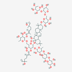 molecular formula C94H148O42 B2613315 [6-[[4,5-dihydroxy-3-[(2E)-6-hydroxy-2,6-dimethylocta-2,7-dienoyl]oxy-6-methyloxan-2-yl]oxymethyl]-3-[5-[3,5-dihydroxy-4-(3,4,5-trihydroxyoxan-2-yl)oxyoxan-2-yl]oxy-3,4-dihydroxy-6-methyloxan-2-yl]oxy-5-hydroxy-4-[(2E)-6-hydroxy-2,6-dimethylocta-2,7-dienoyl]oxyoxan-2-yl] 10-[6-[[4,5-dihydroxy-3-(3,4,5-trihydroxyoxan-2-yl)oxyoxan-2-yl]oxymethyl]-3,4,5-trihydroxyoxan-2-yl]oxy-5-hydroxy-2,2,6a,6b,9,9,12a-heptamethyl-1,3,4,5,6,6a,7,8,8a,10,11,12,13,14b-tetradecahydropicene-4a-carboxylate CAS No. 225529-55-5