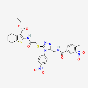 molecular formula C30H29N7O8S2 B2613342 Ethyl 2-[[2-[[5-[[(4-methyl-3-nitrobenzoyl)amino]methyl]-4-(4-nitrophenyl)-1,2,4-triazol-3-yl]sulfanyl]acetyl]amino]-4,5,6,7-tetrahydro-1-benzothiophene-3-carboxylate CAS No. 393849-83-7