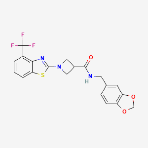 molecular formula C20H16F3N3O3S B2613347 N-(benzo[d][1,3]dioxol-5-ylmethyl)-1-(4-(trifluoromethyl)benzo[d]thiazol-2-yl)azetidine-3-carboxamide CAS No. 1396855-46-1