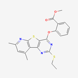 molecular formula C21H19N3O3S2 B2613386 Methyl 2-{[2-(ethylsulfanyl)-7,9-dimethylpyrido[3',2':4,5]thieno[3,2-d]pyrimidin-4-yl]oxy}benzenecarboxylate CAS No. 478065-72-4