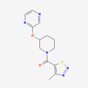 molecular formula C13H15N5O2S B2613387 (4-Methyl-1,2,3-thiadiazol-5-yl)(3-(pyrazin-2-yloxy)piperidin-1-yl)methanone CAS No. 2034579-15-0