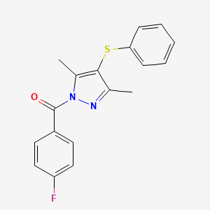 molecular formula C18H15FN2OS B2613404 (3,5-二甲基-4-(苯硫基)-1H-吡唑-1-基)(4-氟苯基)甲酮 CAS No. 300379-06-0