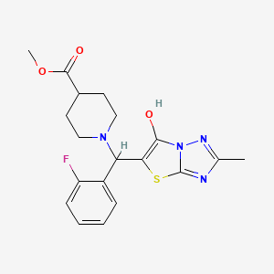 molecular formula C19H21FN4O3S B2613416 Methyl 1-((2-fluorophenyl)(6-hydroxy-2-methylthiazolo[3,2-b][1,2,4]triazol-5-yl)methyl)piperidine-4-carboxylate CAS No. 869343-10-2