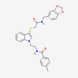 molecular formula C28H27N3O4S B2613464 N-(2-(3-((2-((苯并[d][1,3]二氧杂环-5-基甲基)氨基)-2-氧代乙基)硫代)-1H-吲哚-1-基)乙基)-4-甲基苯甲酰胺 CAS No. 896676-83-8