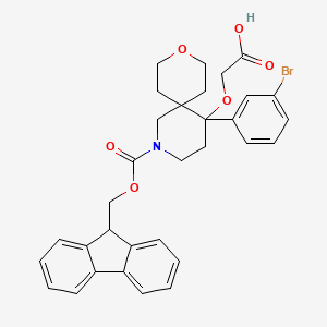 molecular formula C32H32BrNO6 B2613476 2-[[5-(3-Bromophenyl)-2-(9H-fluoren-9-ylmethoxycarbonyl)-9-oxa-2-azaspiro[5.5]undecan-5-yl]oxy]acetic acid CAS No. 2247102-75-4