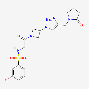 molecular formula C18H21FN6O4S B2613487 3-fluoro-N-(2-oxo-2-(3-(4-((2-oxopyrrolidin-1-yl)methyl)-1H-1,2,3-triazol-1-yl)azetidin-1-yl)ethyl)benzenesulfonamide CAS No. 2034544-72-2