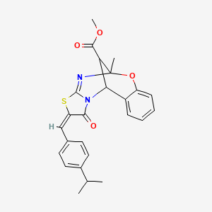 molecular formula C25H24N2O4S B2613518 (E)-methyl 2-(4-isopropylbenzylidene)-5-methyl-1-oxo-1,2,5,11-tetrahydro-5,11-methanobenzo[g]thiazolo[2,3-d][1,3,5]oxadiazocine-13-carboxylate CAS No. 1192742-13-4