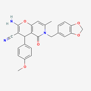 molecular formula C25H21N3O5 B2613552 2-amino-6-(1,3-benzodioxol-5-ylmethyl)-4-(4-methoxyphenyl)-7-methyl-5-oxo-5,6-dihydro-4H-pyrano[3,2-c]pyridine-3-carbonitrile CAS No. 443729-88-2