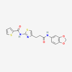 molecular formula C18H15N3O4S2 B2613567 N-(4-(3-(benzo[d][1,3]dioxol-5-ylamino)-3-oxopropyl)thiazol-2-yl)thiophene-2-carboxamide CAS No. 1021133-25-4