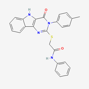 molecular formula C25H20N4O2S B2613616 2-((4-oxo-3-(p-tolyl)-4,5-dihydro-3H-pyrimido[5,4-b]indol-2-yl)thio)-N-phenylacetamide CAS No. 536704-50-4