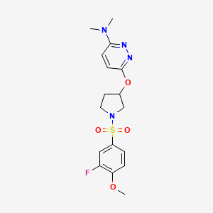 molecular formula C17H21FN4O4S B2613629 6-((1-((3-fluoro-4-methoxyphenyl)sulfonyl)pyrrolidin-3-yl)oxy)-N,N-dimethylpyridazin-3-amine CAS No. 2034483-81-1