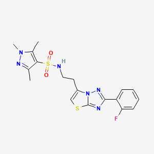 molecular formula C18H19FN6O2S2 B2613697 N-(2-(2-(2-fluorophenyl)thiazolo[3,2-b][1,2,4]triazol-6-yl)ethyl)-1,3,5-trimethyl-1H-pyrazole-4-sulfonamide CAS No. 1448122-20-0