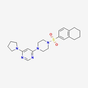 molecular formula C22H29N5O2S B2613769 4-(Pyrrolidin-1-yl)-6-(4-((5,6,7,8-tetrahydronaphthalen-2-yl)sulfonyl)piperazin-1-yl)pyrimidine CAS No. 1202981-45-0