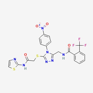 molecular formula C22H16F3N7O4S2 B2613775 N-((4-(4-硝基苯基)-5-((2-氧代-2-(噻唑-2-氨基)乙基)硫代)-4H-1,2,4-三唑-3-基)甲基)-2-(三氟甲基)苯甲酰胺 CAS No. 389070-99-9