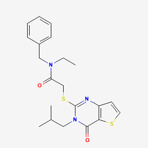 molecular formula C21H25N3O2S2 B2613804 N-benzyl-N-ethyl-2-{[3-(2-methylpropyl)-4-oxo-3,4-dihydrothieno[3,2-d]pyrimidin-2-yl]sulfanyl}acetamide CAS No. 1252849-66-3