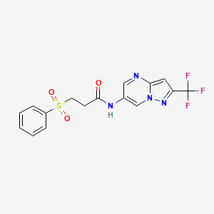 molecular formula C16H13F3N4O3S B2613871 3-(phenylsulfonyl)-N-(2-(trifluoromethyl)pyrazolo[1,5-a]pyrimidin-6-yl)propanamide CAS No. 2034619-96-8