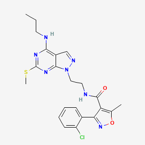 molecular formula C22H24ClN7O2S B2613928 3-(2-chlorophenyl)-5-methyl-N-(2-(6-(methylthio)-4-(propylamino)-1H-pyrazolo[3,4-d]pyrimidin-1-yl)ethyl)isoxazole-4-carboxamide CAS No. 953912-37-3