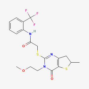 molecular formula C19H20F3N3O3S2 B2613955 2-((3-(2-甲氧基乙基)-6-甲基-4-氧代-3,4,6,7-四氢噻吩并[3,2-d]嘧啶-2-基)硫代)-N-(2-(三氟甲基)苯基)乙酰胺 CAS No. 851409-98-8