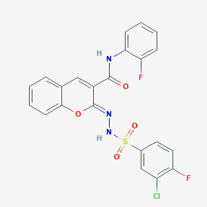 molecular formula C22H14ClF2N3O4S B2613991 (2Z)-2-{[(3-chloro-4-fluorophenyl)sulfonyl]hydrazono}-N-(2-fluorophenyl)-2H-chromene-3-carboxamide CAS No. 902298-18-4