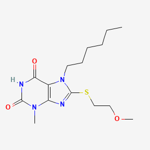 molecular formula C15H24N4O3S B2614010 7-Hexyl-8-(2-methoxyethylsulfanyl)-3-methylpurine-2,6-dione CAS No. 488131-72-2