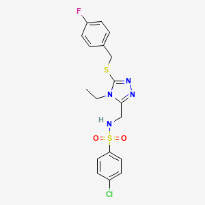 molecular formula C18H18ClFN4O2S2 B2614020 4-chloro-N-({4-ethyl-5-[(4-fluorobenzyl)sulfanyl]-4H-1,2,4-triazol-3-yl}methyl)benzenesulfonamide CAS No. 338421-94-6