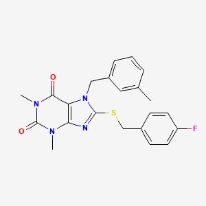 molecular formula C22H21FN4O2S B2614035 8-[(4-Fluorophenyl)methylsulfanyl]-1,3-dimethyl-7-[(3-methylphenyl)methyl]purine-2,6-dione CAS No. 371118-87-5
