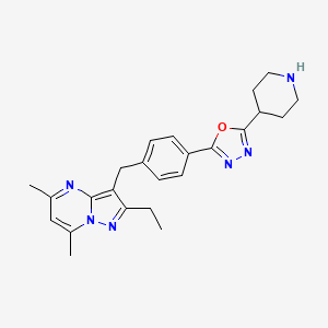 molecular formula C24H28N6O B2614136 2-(4-((2-Ethyl-5,7-dimethylpyrazolo[1,5-a]pyrimidin-3-yl)methyl)phenyl)-5-(piperidin-4-yl)-1,3,4-oxadiazole CAS No. 1401728-56-0