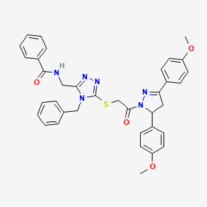 molecular formula C36H34N6O4S B2614191 N-[[4-benzyl-5-[2-[3,5-bis(4-methoxyphenyl)-3,4-dihydropyrazol-2-yl]-2-oxoethyl]sulfanyl-1,2,4-triazol-3-yl]methyl]benzamide CAS No. 393783-29-4