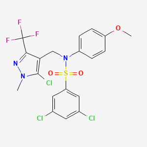molecular formula C19H15Cl3F3N3O3S B2614196 3,5-二氯-N-[[5-氯-1-甲基-3-(三氟甲基)吡唑-4-基]甲基]-N-(4-甲氧基苯基)苯磺酰胺 CAS No. 957041-52-0