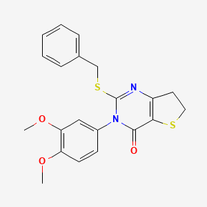 molecular formula C21H20N2O3S2 B2614243 2-Benzylsulfanyl-3-(3,4-dimethoxyphenyl)-6,7-dihydrothieno[3,2-d]pyrimidin-4-one CAS No. 877656-12-7