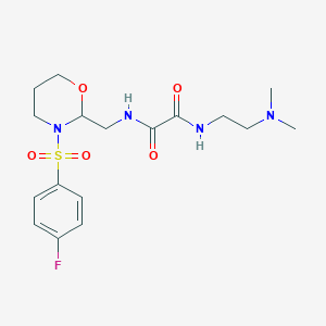molecular formula C17H25FN4O5S B2614273 N1-(2-(二甲氨基)乙基)-N2-((3-((4-氟苯基)磺酰基)-1,3-恶唑烷-2-基)甲基)草酰胺 CAS No. 869072-22-0