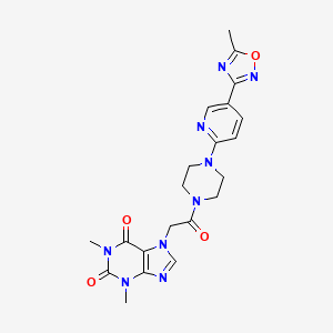 molecular formula C21H23N9O4 B2614287 1,3-dimethyl-7-(2-(4-(5-(5-methyl-1,2,4-oxadiazol-3-yl)pyridin-2-yl)piperazin-1-yl)-2-oxoethyl)-1H-purine-2,6(3H,7H)-dione CAS No. 1234849-07-0