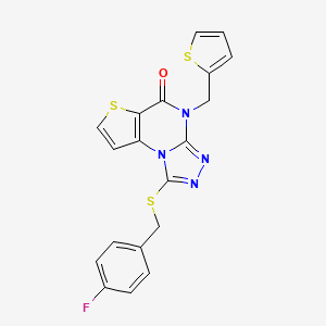 molecular formula C19H13FN4OS3 B2614305 1-((4-fluorobenzyl)thio)-4-(thiophen-2-ylmethyl)thieno[2,3-e][1,2,4]triazolo[4,3-a]pyrimidin-5(4H)-one CAS No. 1223864-34-3