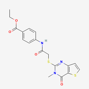 molecular formula C18H17N3O4S2 B2614364 Ethyl 4-({[(3-methyl-4-oxo-3,4-dihydrothieno[3,2-d]pyrimidin-2-yl)sulfanyl]acetyl}amino)benzoate CAS No. 1252893-05-2