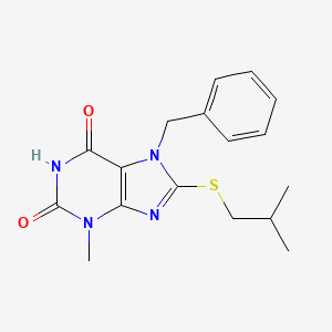 molecular formula C17H20N4O2S B2614369 7-苄基-8-(异丁基硫基)-3-甲基-1H-嘌呤-2,6(3H,7H)-二酮 CAS No. 328070-03-7