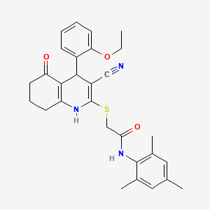 molecular formula C29H31N3O3S B2614497 2-((3-cyano-4-(2-ethoxyphenyl)-5-oxo-1,4,5,6,7,8-hexahydroquinolin-2-yl)thio)-N-mesitylacetamide CAS No. 384356-55-2