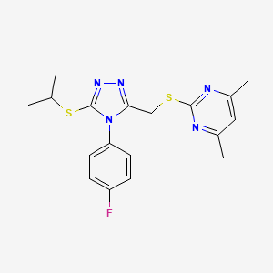 molecular formula C18H20FN5S2 B2614502 2-[[4-(4-Fluorophenyl)-5-propan-2-ylsulfanyl-1,2,4-triazol-3-yl]methylsulfanyl]-4,6-dimethylpyrimidine CAS No. 868222-40-6