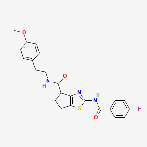 molecular formula C23H22FN3O3S B2614550 2-(4-fluorobenzamido)-N-(4-methoxyphenethyl)-5,6-dihydro-4H-cyclopenta[d]thiazole-4-carboxamide CAS No. 941926-42-7