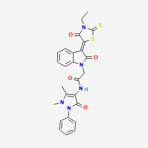 molecular formula C26H23N5O4S2 B2614585 N-(1,5-dimethyl-3-oxo-2-phenyl-2,3-dihydro-1H-pyrazol-4-yl)-2-[(3Z)-3-(3-ethyl-4-oxo-2-thioxo-1,3-thiazolidin-5-ylidene)-2-oxo-2,3-dihydro-1H-indol-1-yl]acetamide CAS No. 618079-93-9