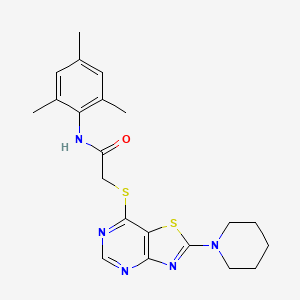 molecular formula C21H25N5OS2 B2614618 N-mesityl-2-((2-(piperidin-1-yl)thiazolo[4,5-d]pyrimidin-7-yl)thio)acetamide CAS No. 1185074-02-5