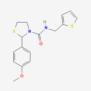 molecular formula C16H18N2O2S2 B2614628 2-(4-methoxyphenyl)-N-(thiophen-2-ylmethyl)thiazolidine-3-carboxamide CAS No. 2034483-99-1