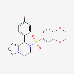 molecular formula C21H19FN2O4S B2614754 2-((2,3-Dihydrobenzo[b][1,4]dioxin-6-yl)sulfonyl)-1-(4-fluorophenyl)-1,2,3,4-tetrahydropyrrolo[1,2-a]pyrazine CAS No. 899948-86-8